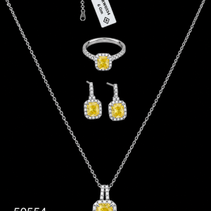 HYH Jewelry – Elegant Radiant-Cut Canary Yellow Zircon Halo Jewelry Set (Pendant Necklace, Earrings & Ring)