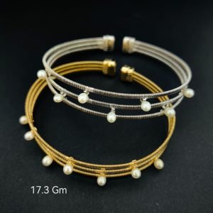 HYH Jewelry – Elegant Pearl Drop Wire Bangle Bracelet (Gold & Silver Dual Pack)