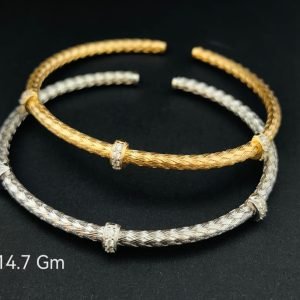 HYH Jewelry – Elegant Braided Wheat Mesh Zircon Station Open Cuff Bangle Bracelet (Gold & Silver Dual Pack)