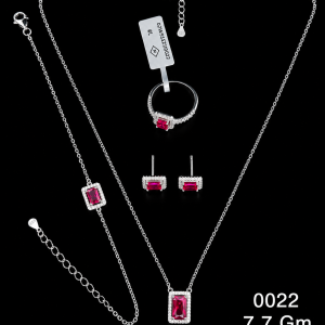 HYH Jewelry – Emerald-Cut Ruby Red Zircon Micro-Pave Halo Jewelry Set (Necklace, Bracelet, Earrings & Ring)