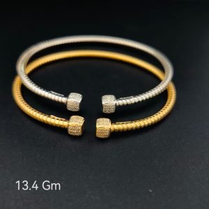 HYH Jewelry – Elegant Zircon Pave Cube Terminal Wire Open Cuff Bangle Bracelet (Gold & Silver Dual Pack)