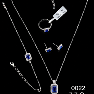 HYH Jewelry – Emerald-Cut Sapphire Blue Zircon Micro-Pave Halo Jewelry Set (Necklace, Bracelet, Earrings & Ring)