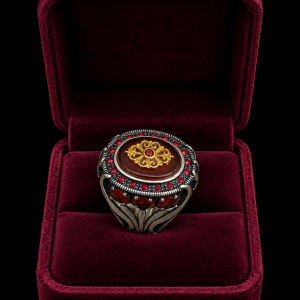 HYH Jewelry – Red Carnelian Gold Filigree Zircon Halo Silver Ring in 925 Sterling Silver