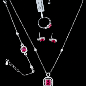 HYH Jewelry – Emerald-Cut Ruby Red Zircon Double Halo Stationed Jewelry Set (Necklace, Bracelet, Earrings & Ring)
