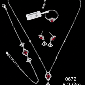 HYH Jewelry – Oval Ruby Red Zircon Fan Drop Jewelry Set (Necklace, Bracelet, Earrings & Ring)