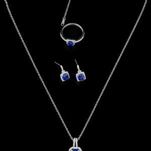 HYH Jewelry – Elegant Royal Blue Cushion-Cut Zircon Halo Jewelry Set (Pendant Necklace, Earrings & Ring)