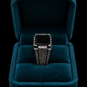 HYH Jewelry – Square Black Onyx Geometric Carved Silver Ring in 925 Sterling Silver |