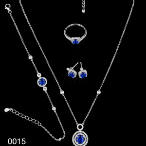 HYH Jewelry – Regal Royal Blue Round Zircon Concentric Circle Halo Jewelry Set (Necklace, Bracelet, Earrings & Ring)