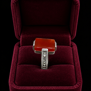 HYH Jewelry – Square Red Carnelian Marcasite Pyramid Silver Ring in 925 Sterling Silver