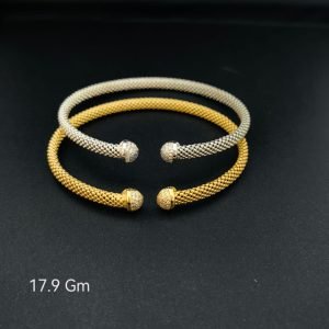 HYH Jewelry – Elegant Textured Popcorn Mesh Zircon Ball Open Cuff Bangle Bracelet (Gold & Silver Dual Pack)